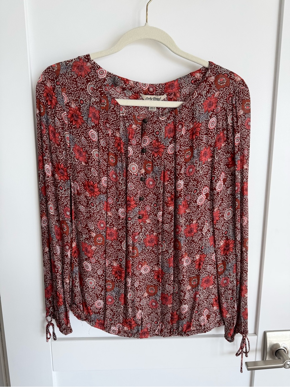 Lucky Brand Maroon Red and Pink Floral Long-Sleeve Peasant Blouse